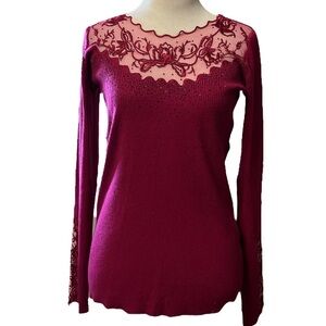 Oliver O wine colored sweater with mesh and bead bodice and bottom of sleeve
